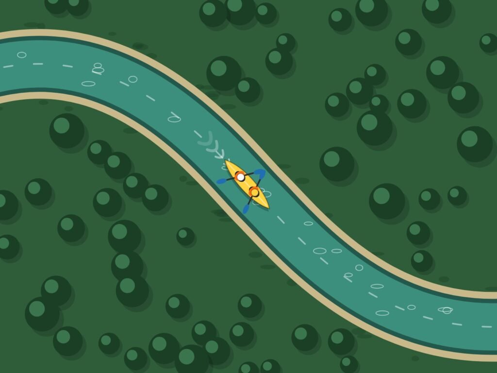 A yellow tandem kayak in a mangrove channel, seen from above